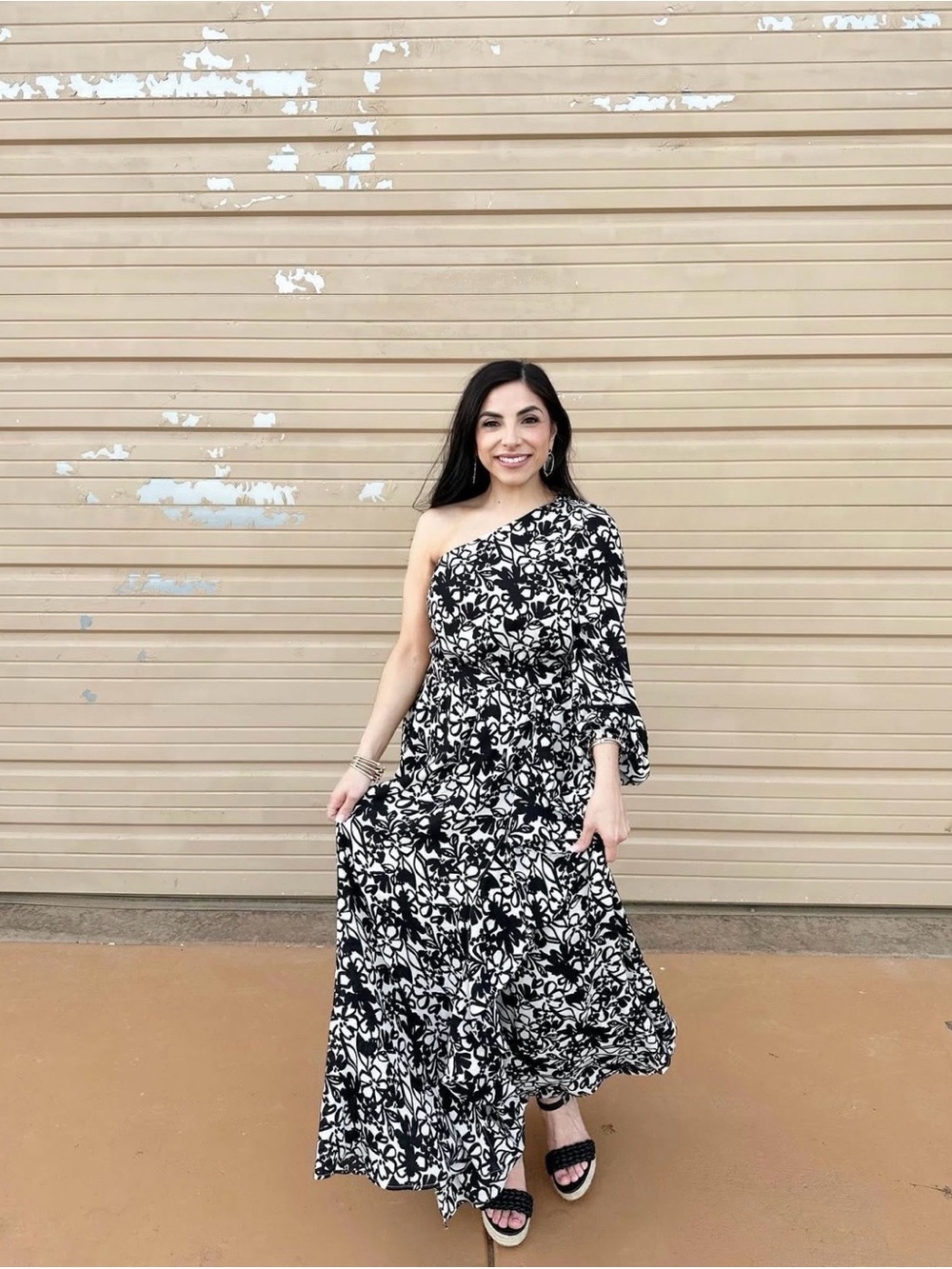 Sugarlips Black & White One-Shoulder Floral Maxi Dress